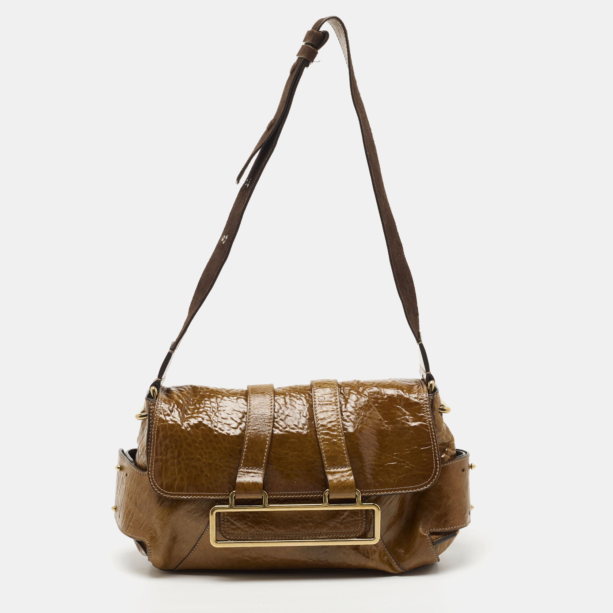 Chloe Brown Patent Leather Flap Shoulder Bag
